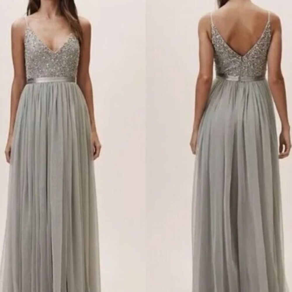 Anthropologie BHLDN Avery Bridesmaid Dress in Fog Beaded‎ Tulle Maxi Size 4